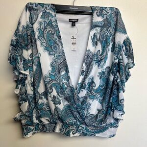 Express Teal Paisley Ruffle Wrap Top